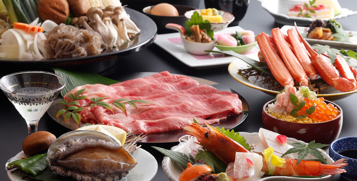 Lavish kaiseki dinner spread with crab, wagyu and abalone at Ryokufukaku