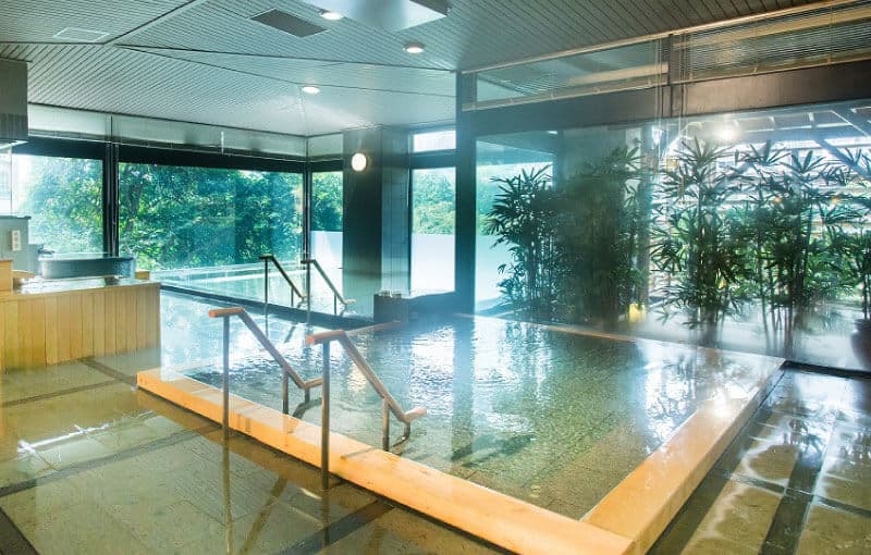 Indoor communal bath with a large garden-view window