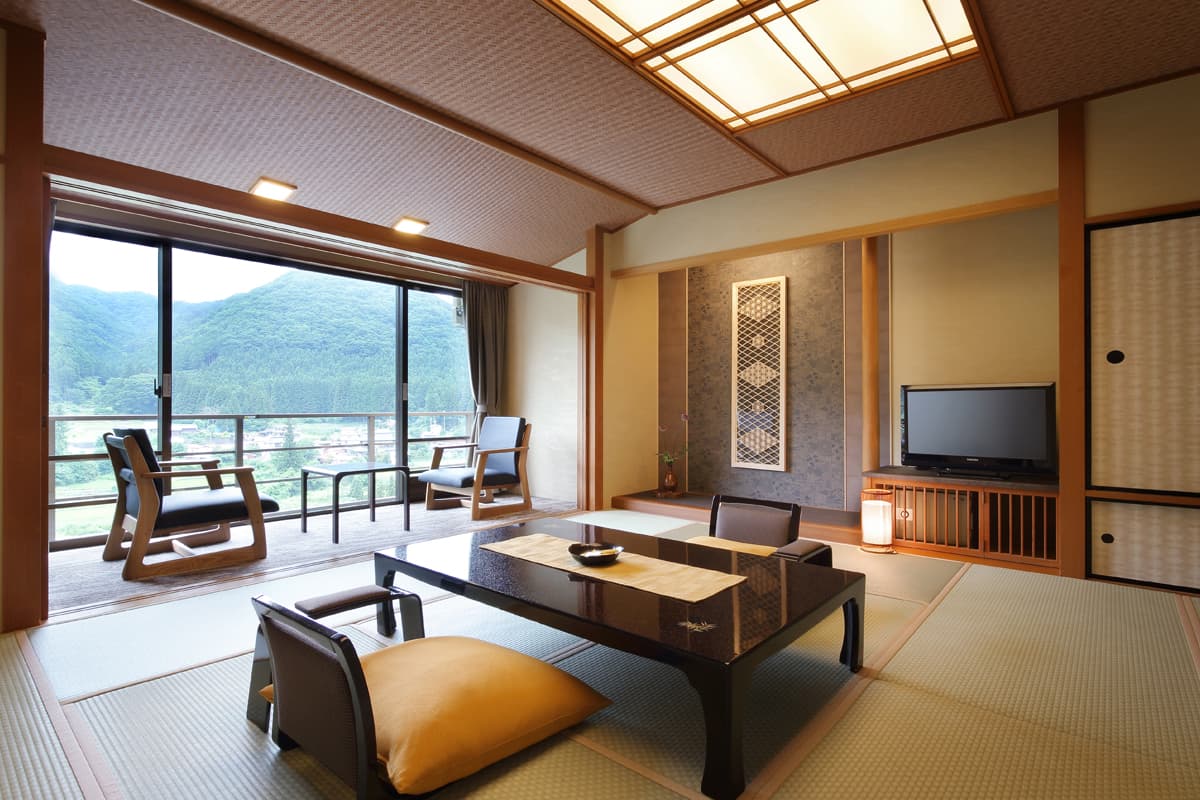 Japanese-style guest room with tatami and gorge view