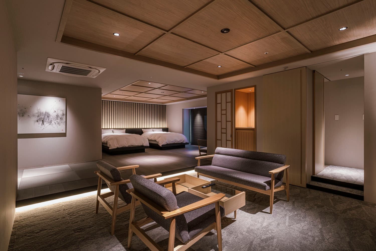 Tatami guest room at Shinzan with low table and large picture window