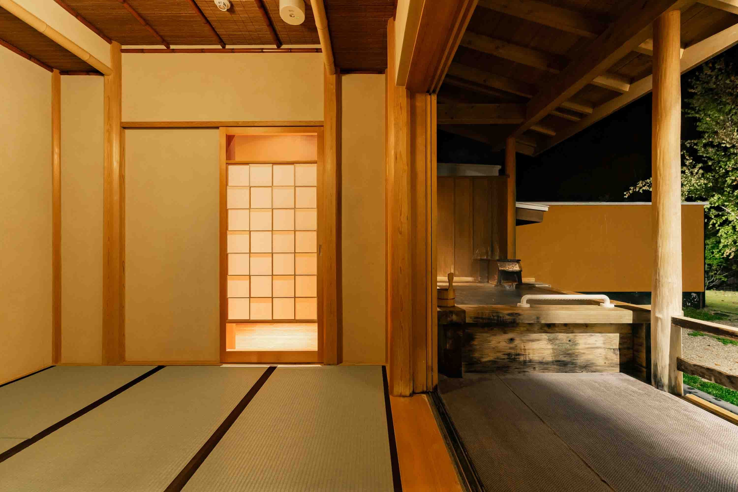 Private open-air bath with tatami anteroom and shoji screen at Hotel Sierra Resort Hakuba