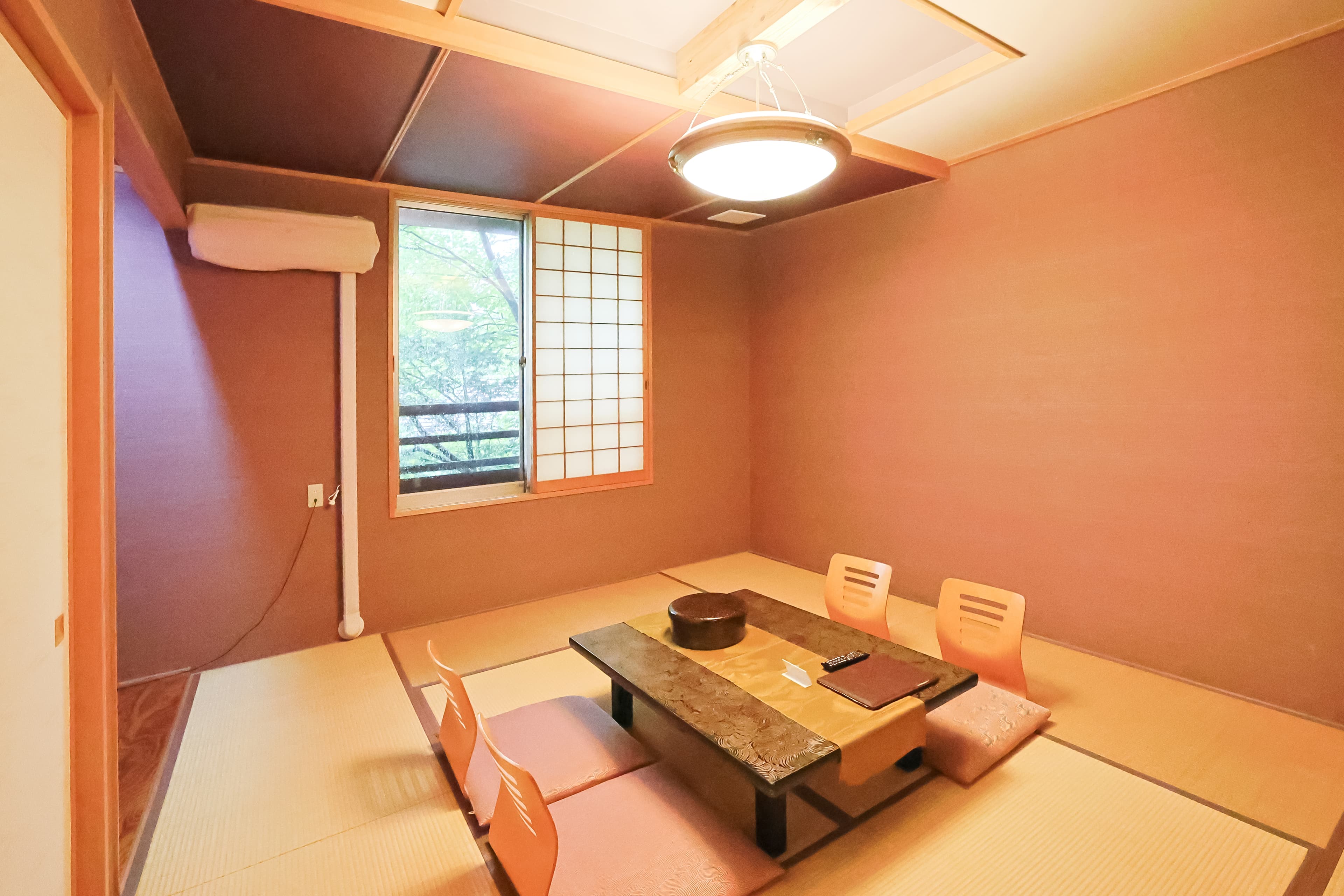 Cosy tatami guest room with a low table set for two and a window overlooking greenery