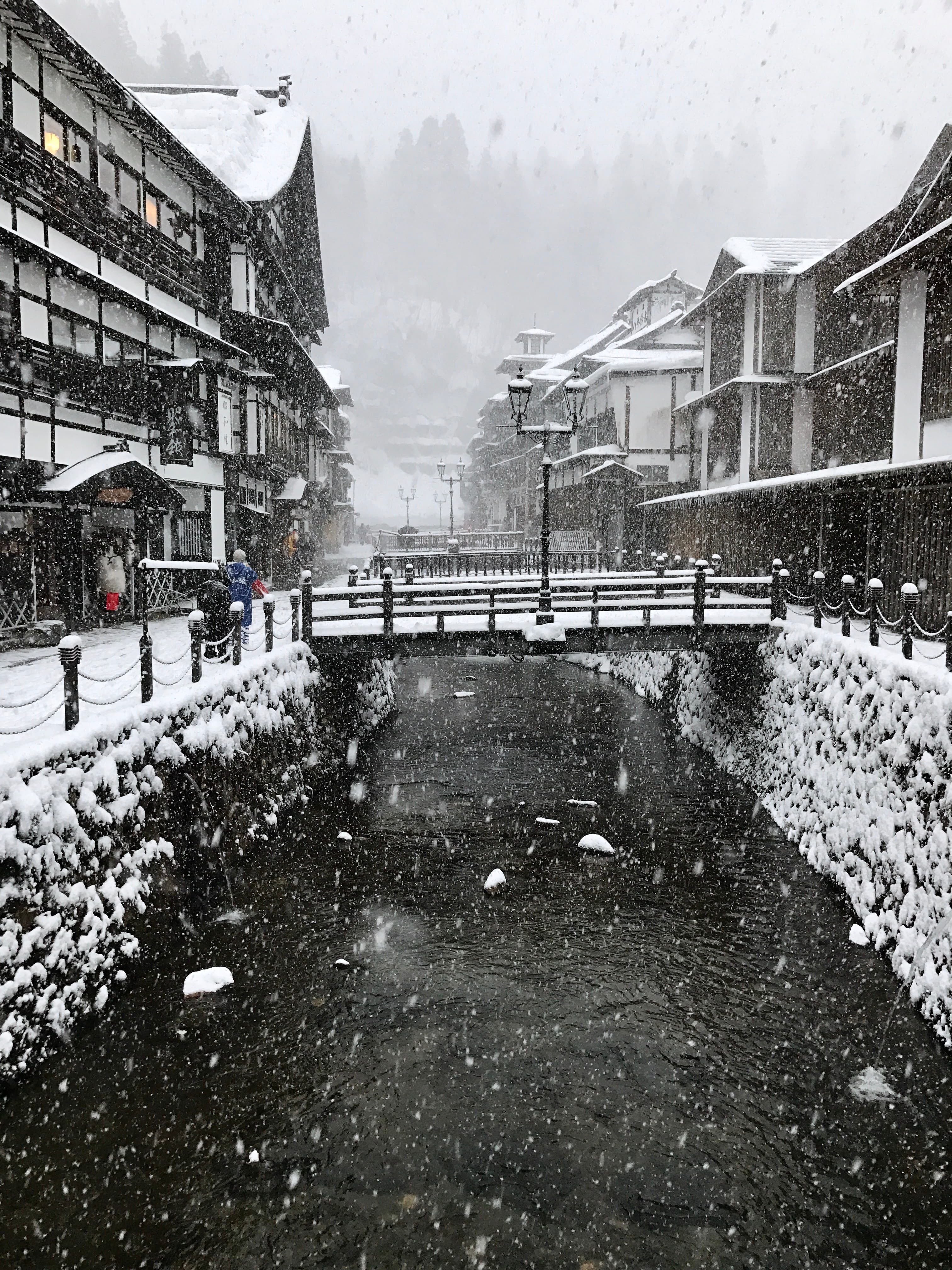 Ginzan Onsen ryokan facades lit by gas lamps at night, snow on rooftops reflected in the Ginzan River, Yamagata Prefecture Tohoku