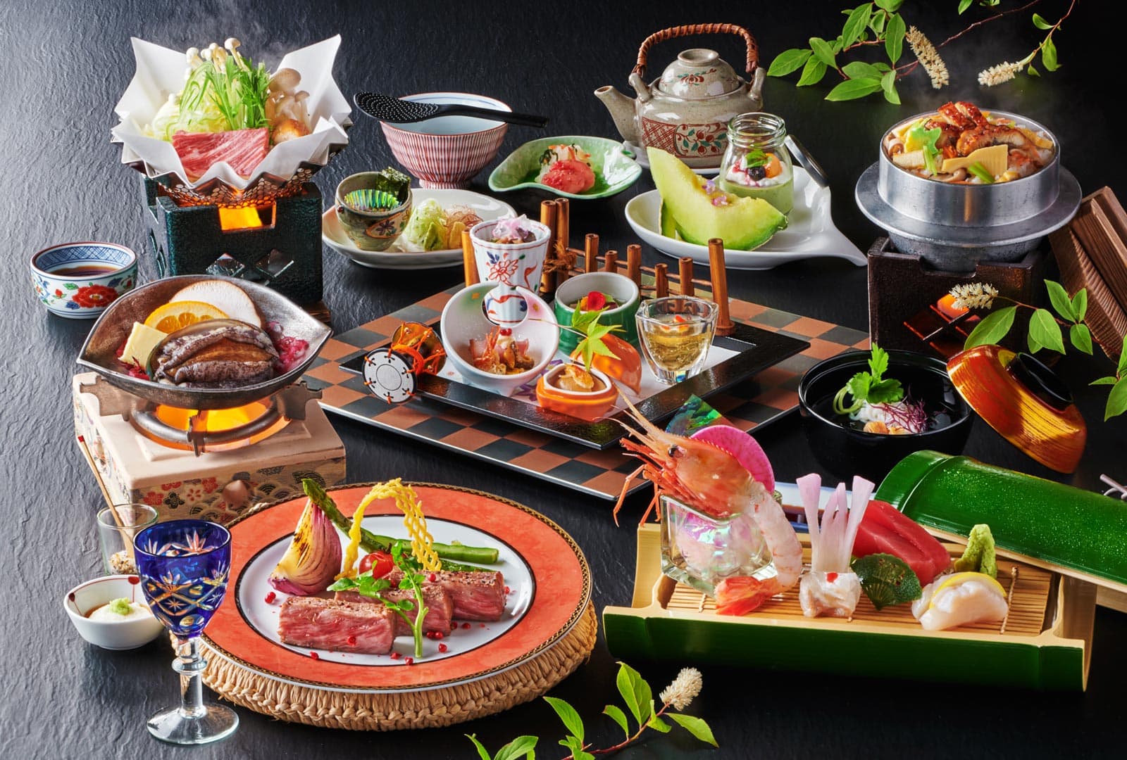 Oshu Akiu Onsen Rantei kaiseki dinner spread featuring Sendai beef sirloin abalone and Sanriku Coast seasonal seafood on lacquerware