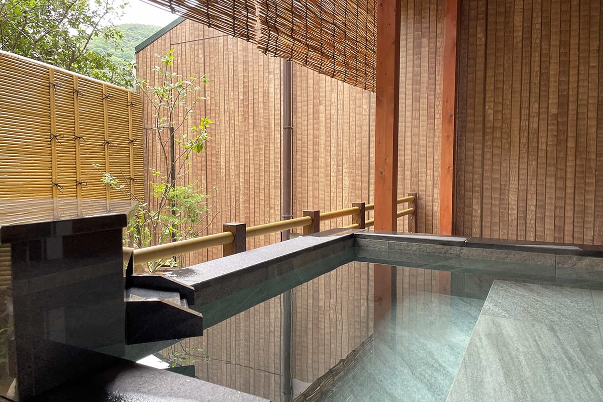 Arima Gyoen private bath with stone surround and timber-clad wall framing a quiet garden view