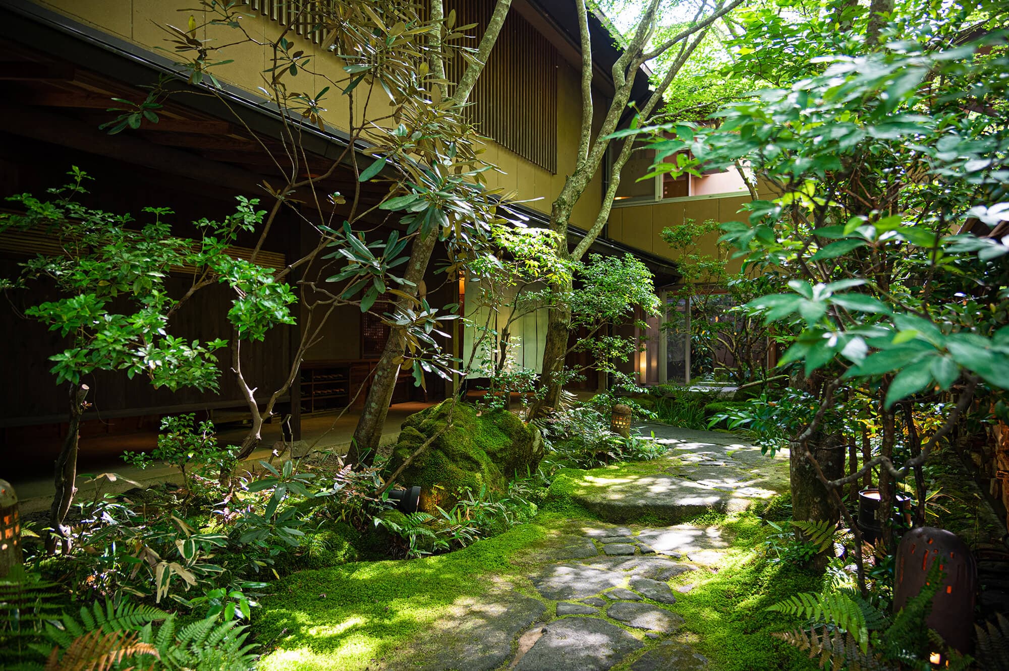 Moss garden and stone path winding past the timber wings of Asebino ryokan amid lush greenery, Izu