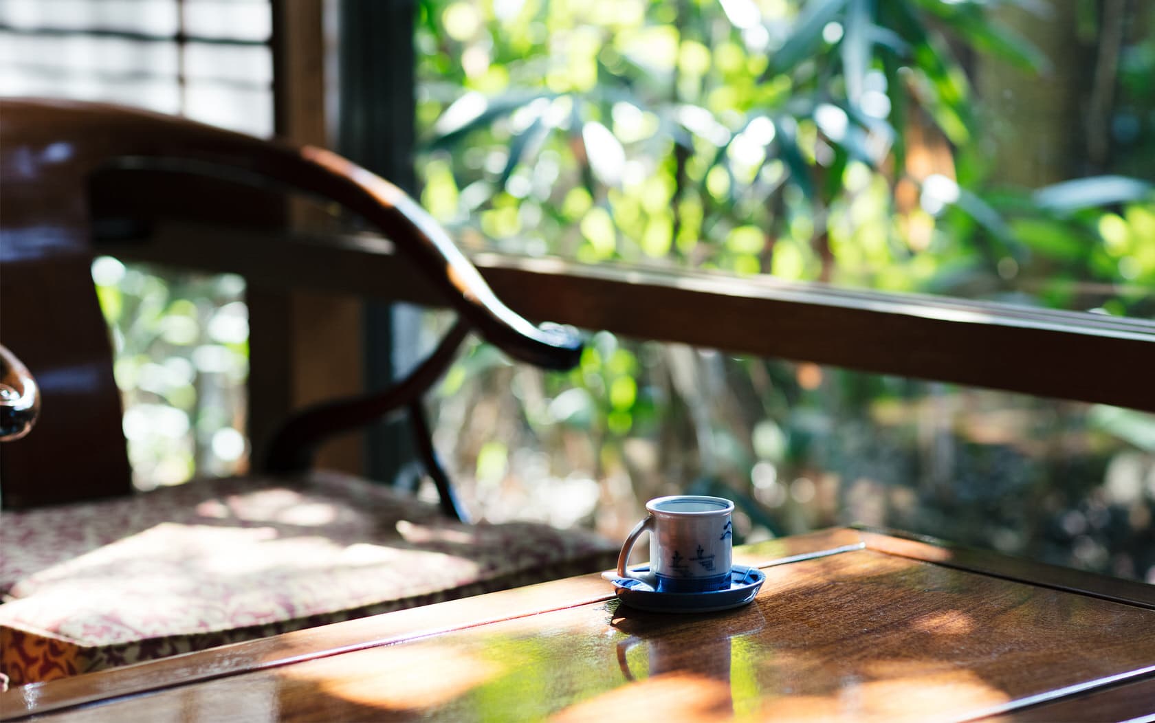 Lounge tea detail at Daimaru Besso with a blue-and-white cup on a wooden table beside a sunlit garden view