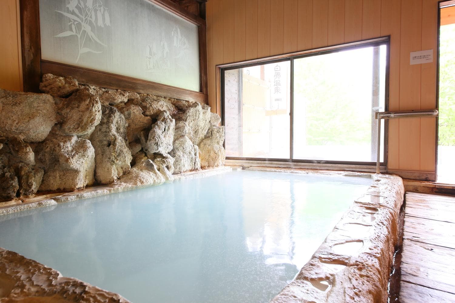 Indoor stone hot spring bath with cloudy milky water and forest view at Shirahone Ebisuya