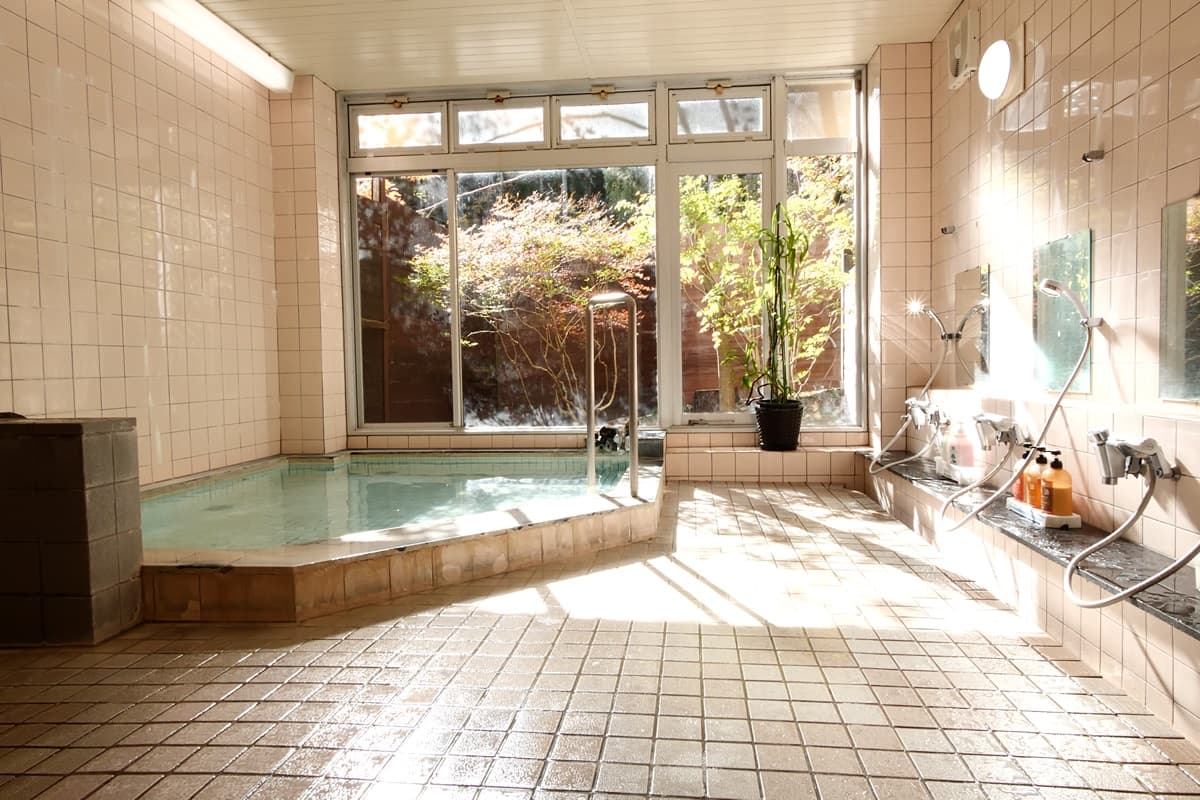 Sunlit indoor public bath at Hakuba Marukin Ryokan in Hakuba Happo Onsen, with tiled tub and garden view through tall windows