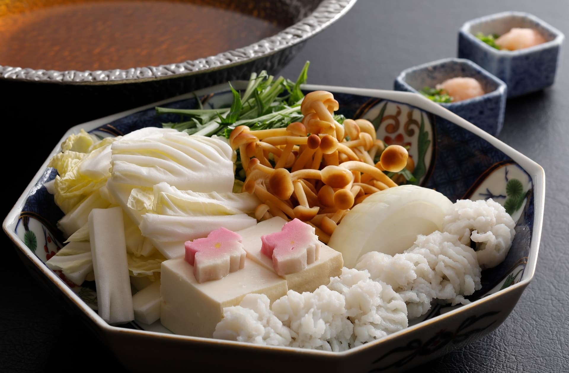 Marbled Tamba beef and vegetables prepared for sukiyaki at Miyukiso Hanamusubi