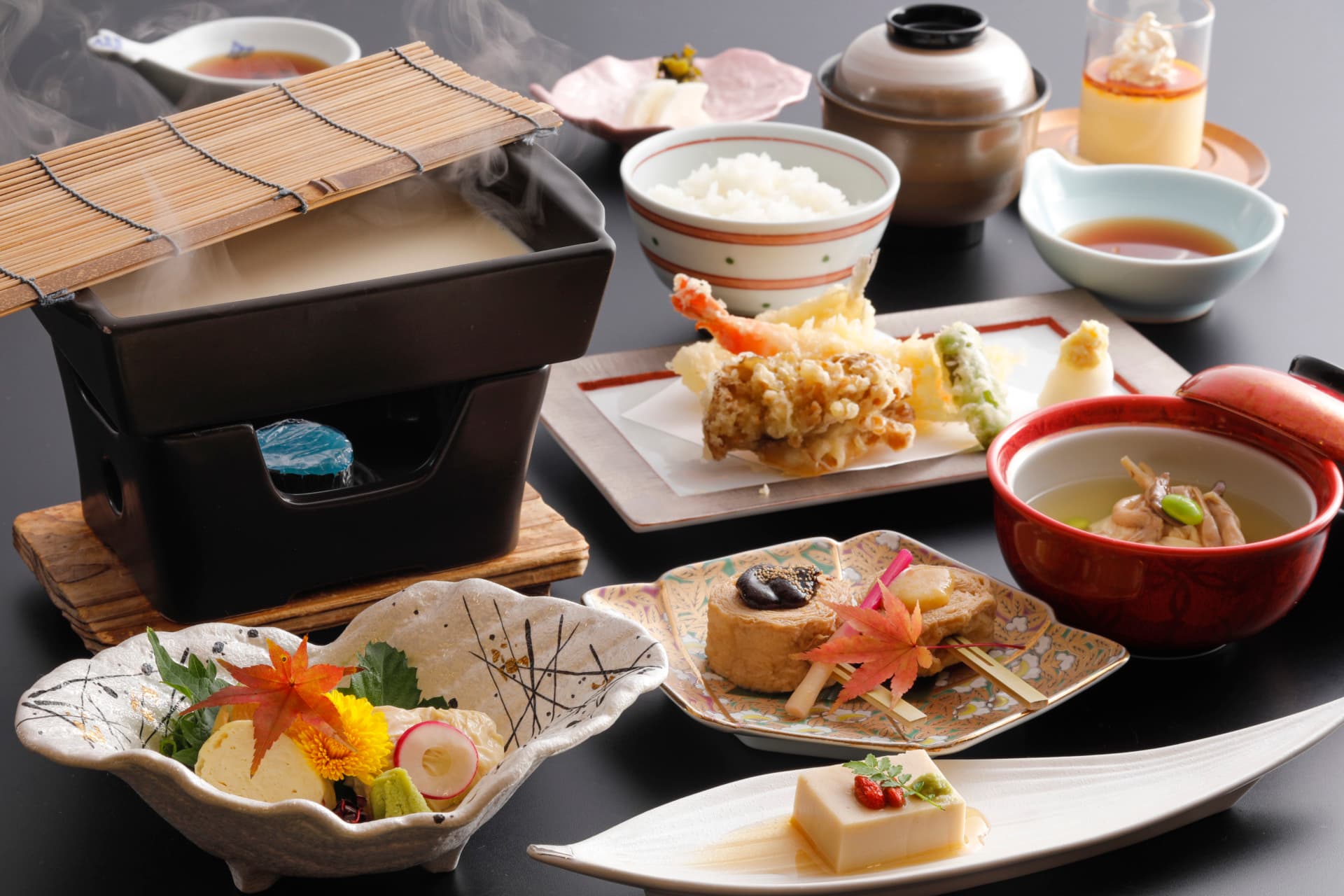 Steaming Nikko yuba kaiseki set at Nikko Hoshi no Yado with tempura, rice and assorted seasonal small dishes