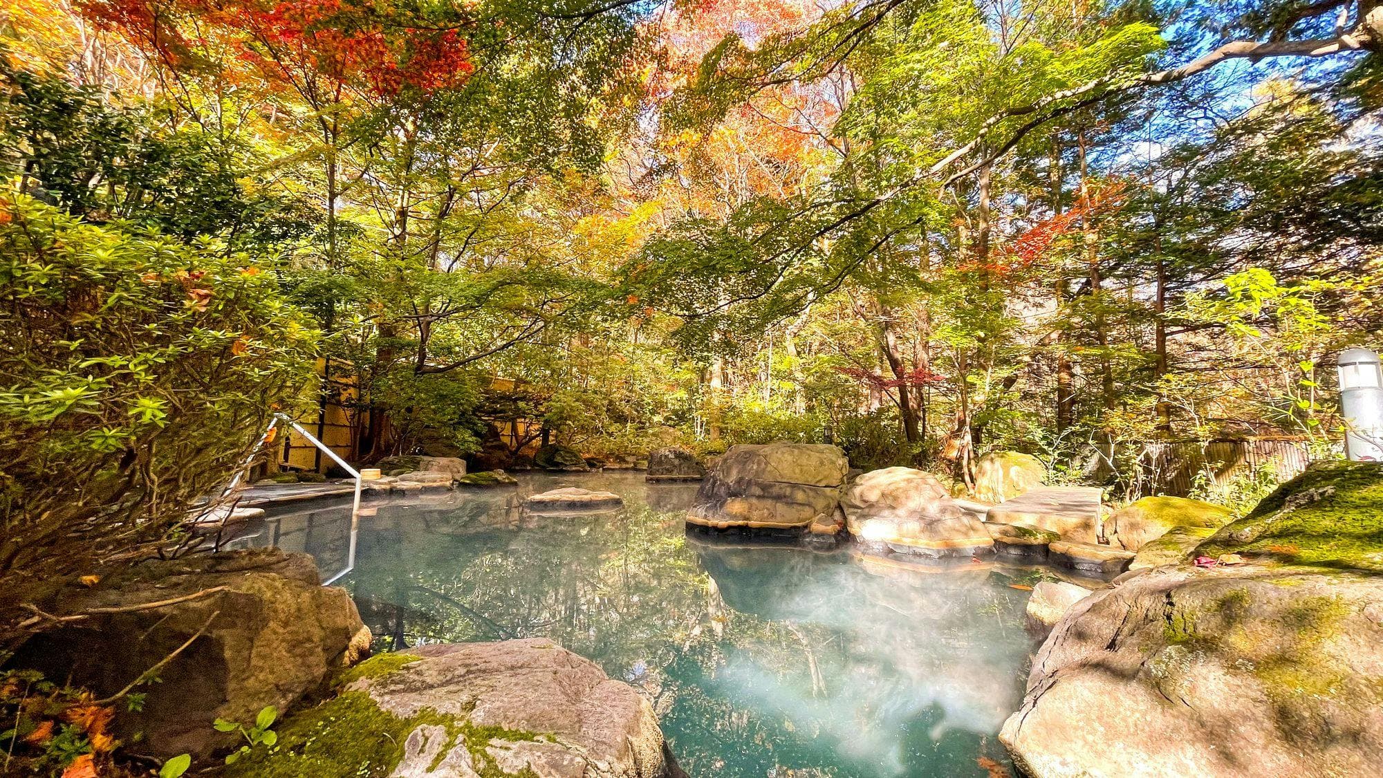 Open-air hot spring bath with steam rising amid autumn leaves