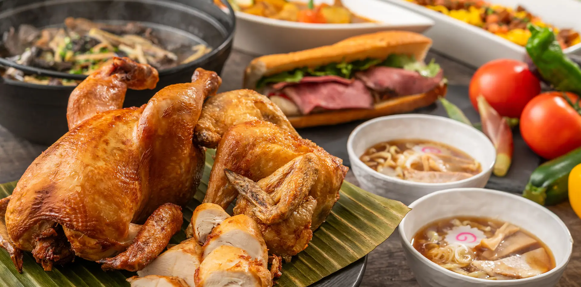 Buffet spread of roast chicken, roast-beef sandwiches and mushroom soup served at the hotel restaurant