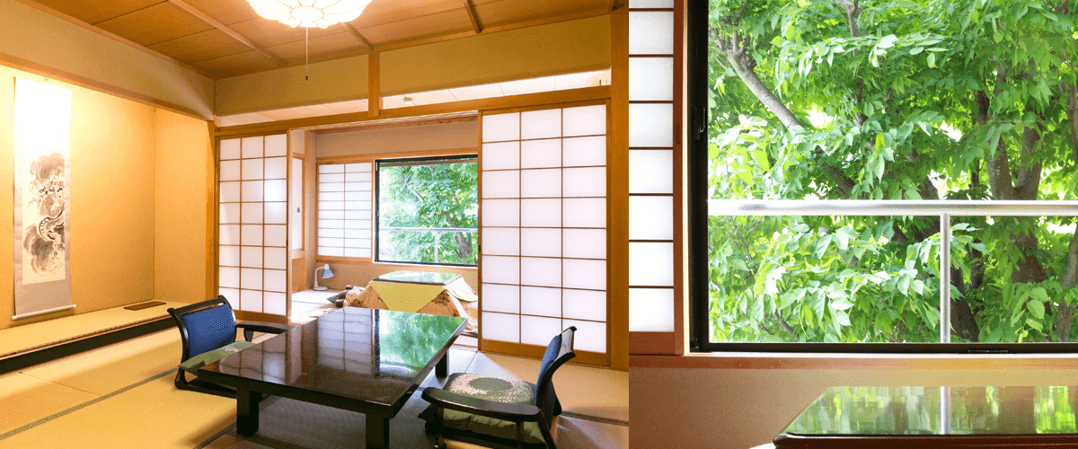 Quiet tatami room with shoji screens and seating area framing fresh green foliage outside, Kawakamiya Kasuitei, Gero Onsen