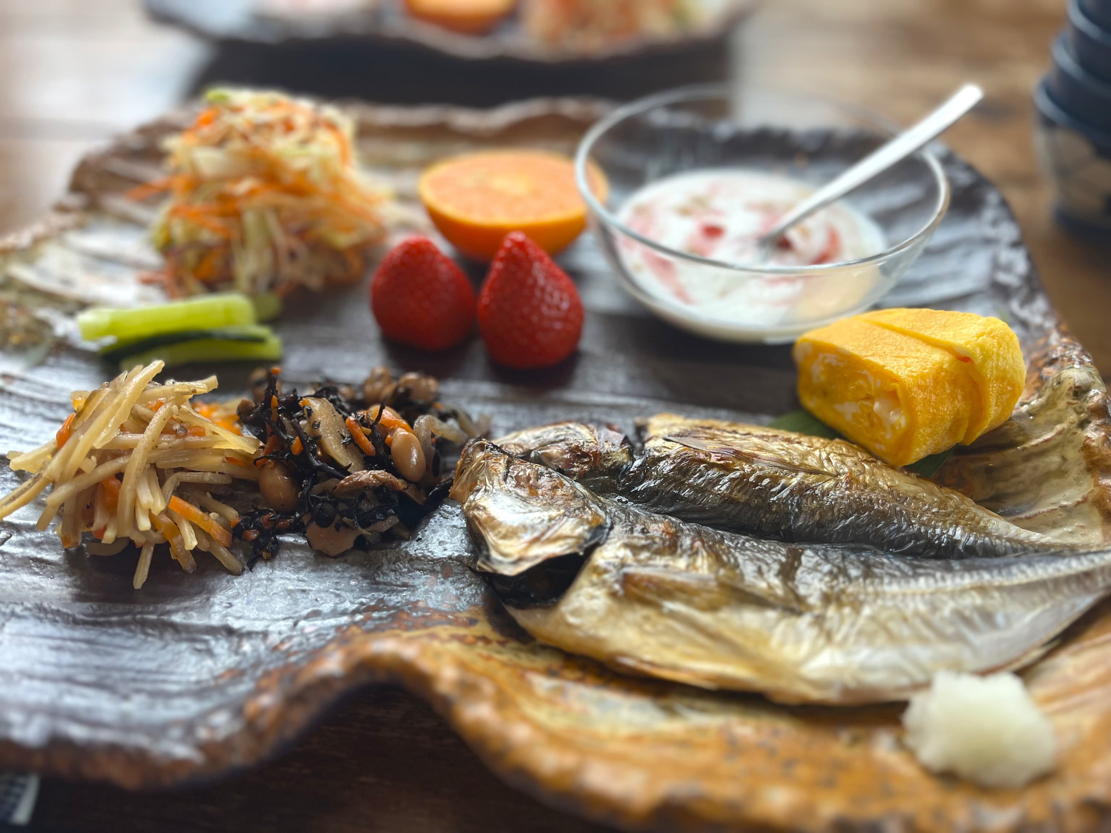 Japanese breakfast set with grilled fish, tamagoyaki and side dishes at Matsunoki-tei