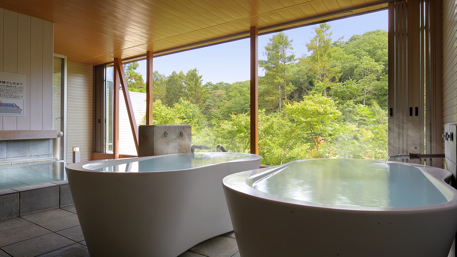 Twin oval stone soaking tubs in a bright bathhouse with panoramic forest views at Ryu Resort and Spa near Takayama