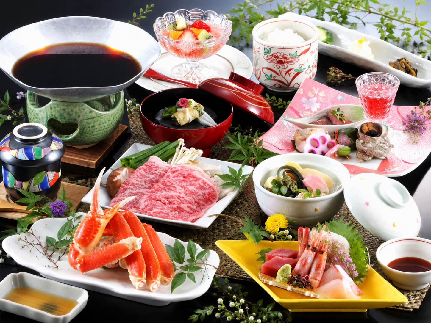 Lavish multi-dish kaiseki dinner with crab, sashimi, hotpot and seasonal small plates, Onishiya Suishoen, Kinosaki Onsen