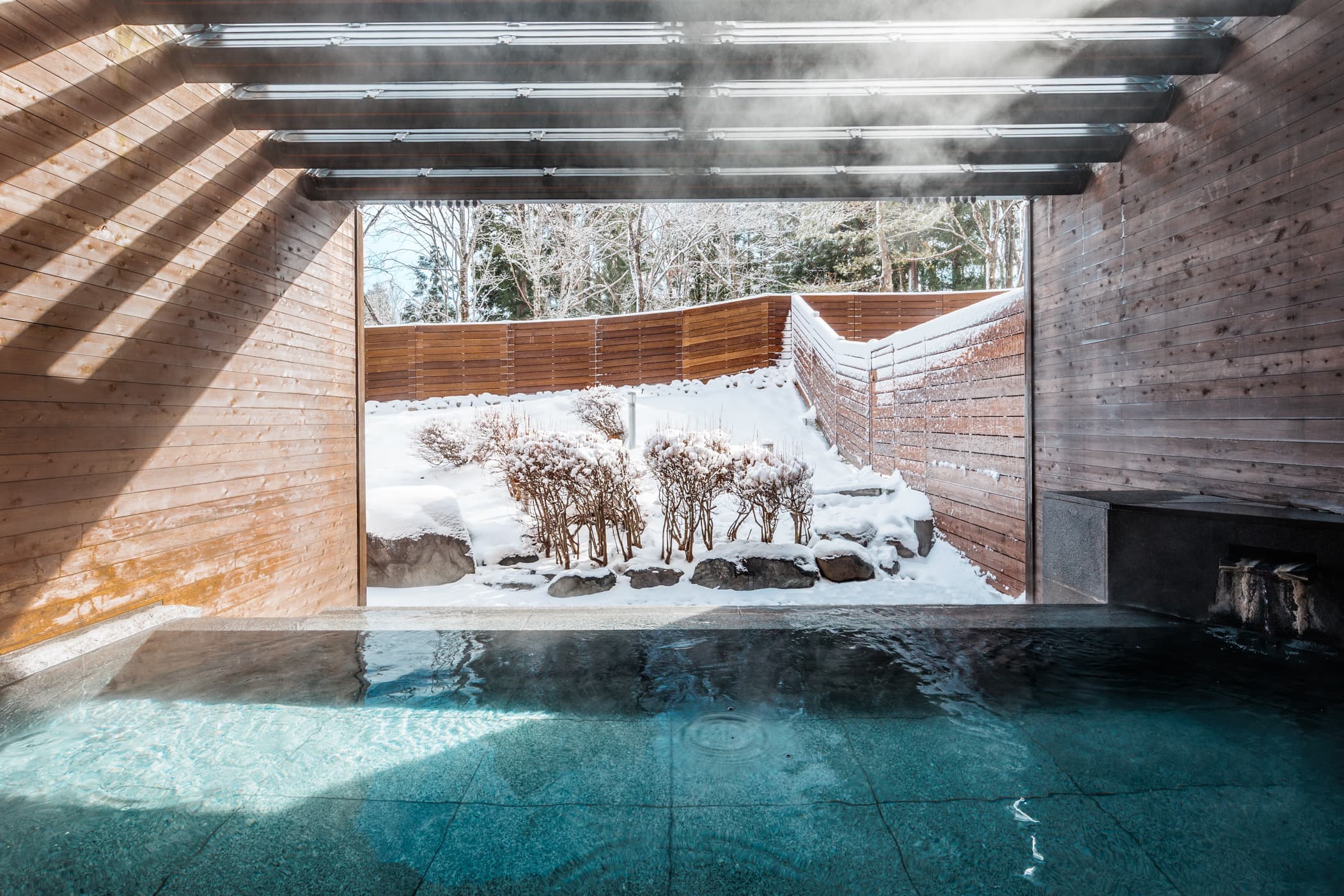 Open-air onsen bath at Hakuba Tokyu Hotel with rising steam and a snow-covered garden beyond timber walls