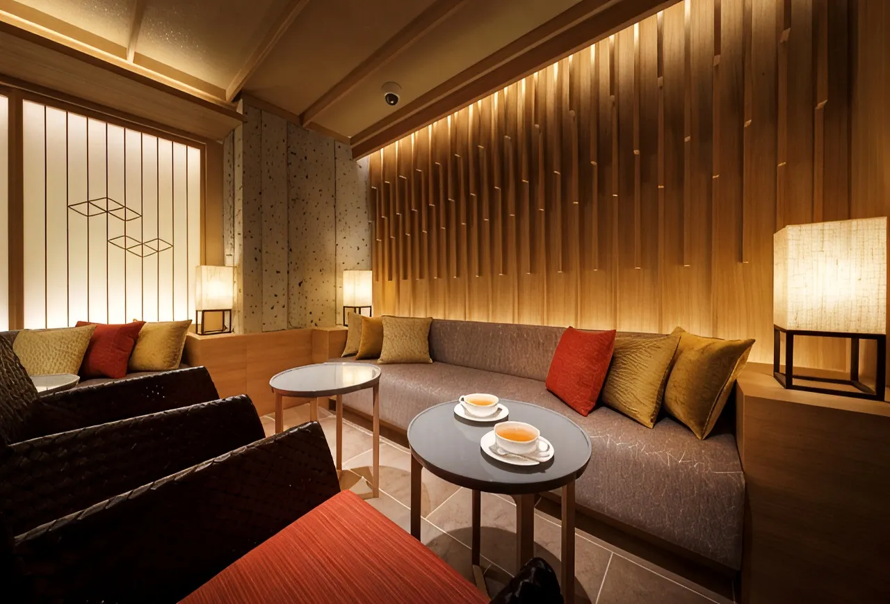 Relaxation tea lounge with sofa seating and warm lantern lighting