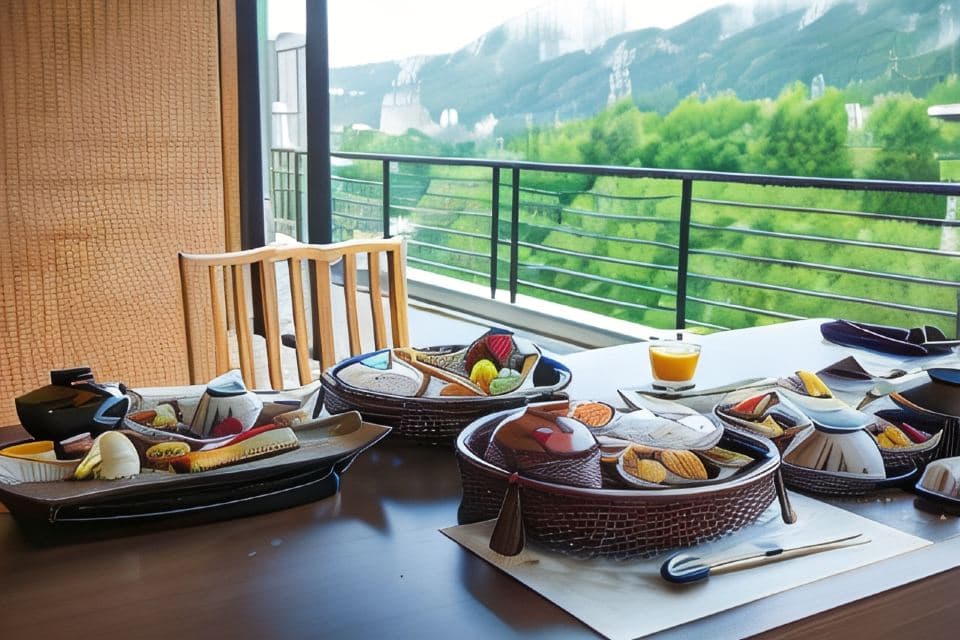 Dining table set with a spread of dishes overlooking the valley