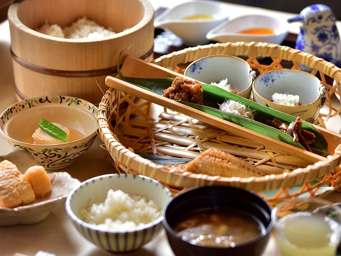 Traditional Japanese breakfast spread with rice and side dishes