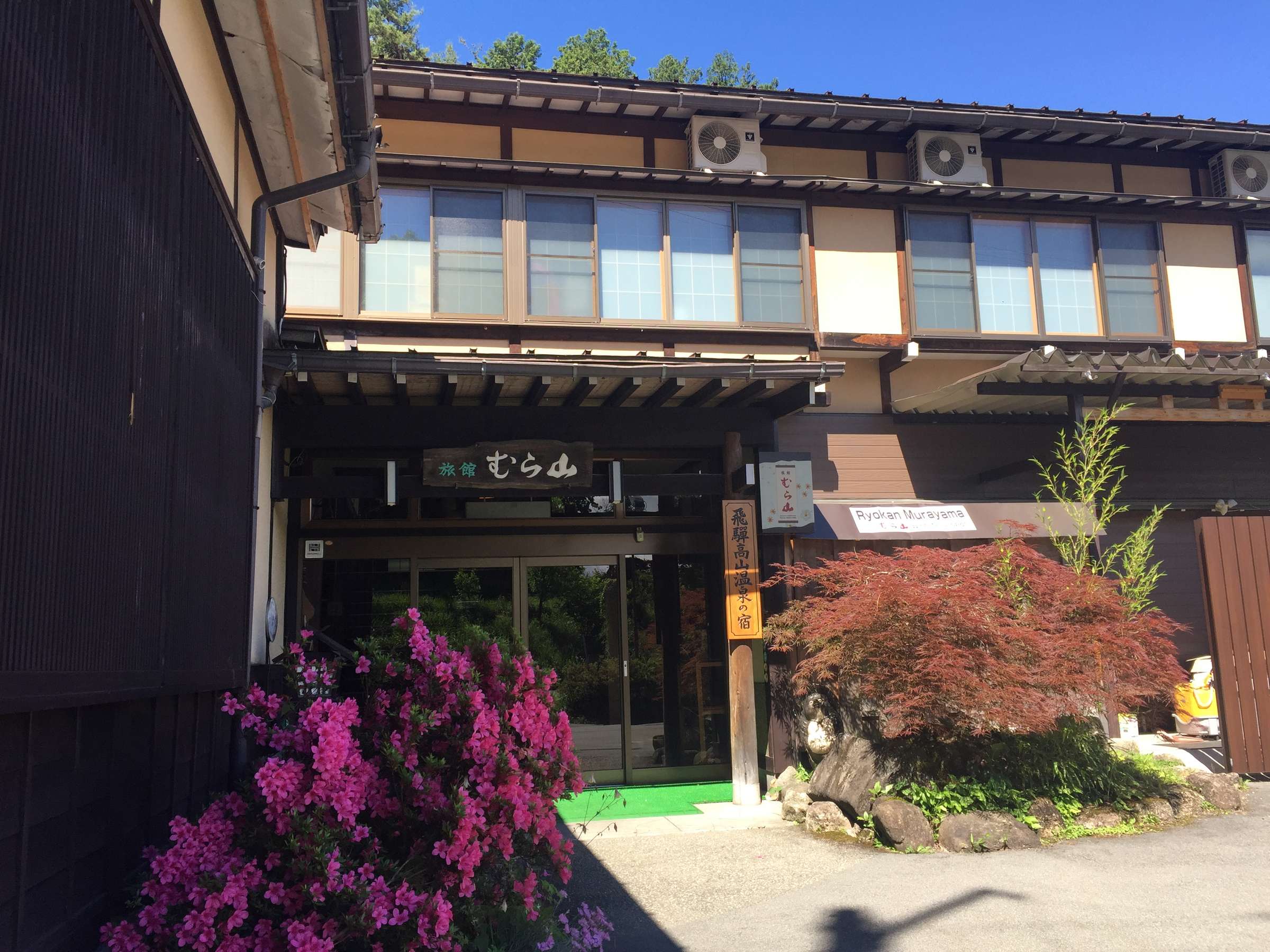 Wood-fronted entrance of Ryokan Murayama in Takayama, with azaleas and maple beside the noren-curtained doorway