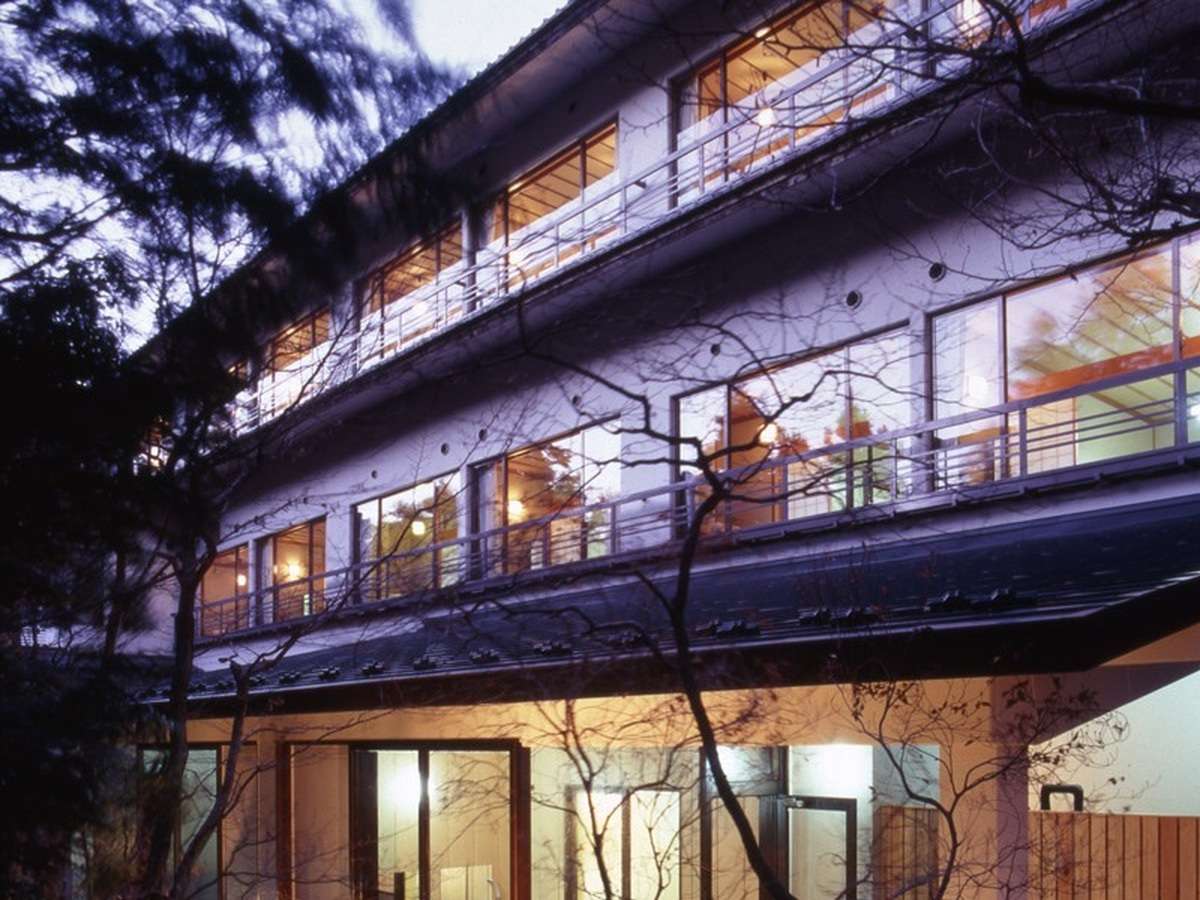 Hotel Seikoen illuminated three-story exterior at dusk among bare trees in central Nikko near Toshogu Shrine
