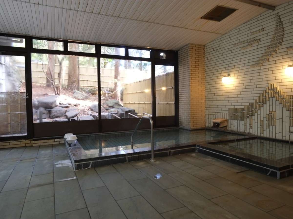Spacious indoor onsen bath with brick-tiled walls and floor-to-ceiling windows facing a rock garden in Nikko