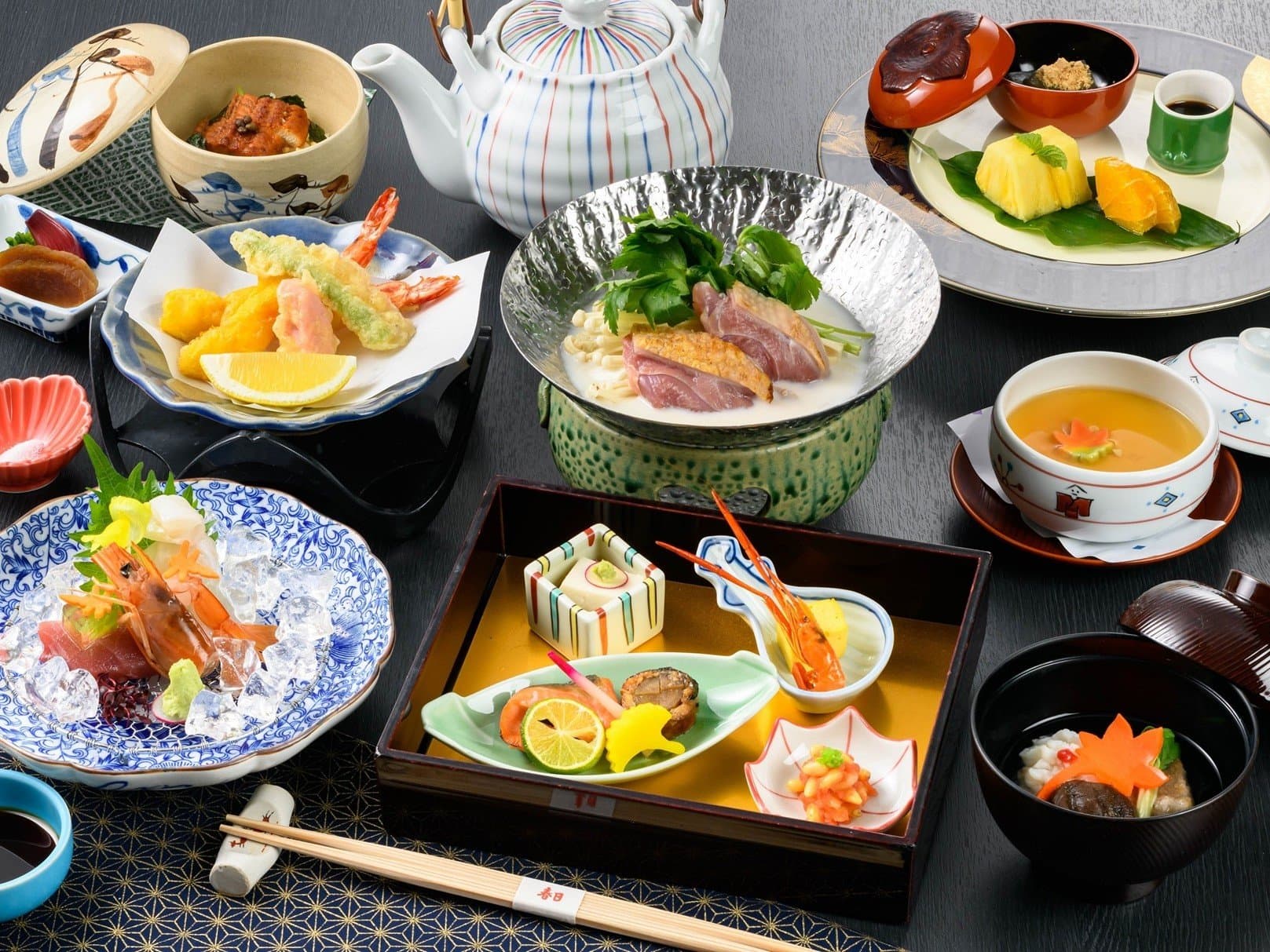 Lavish multi-dish kaiseki dinner set with hotpot, sashimi and tempura served at Kasuga Hotel in Nara