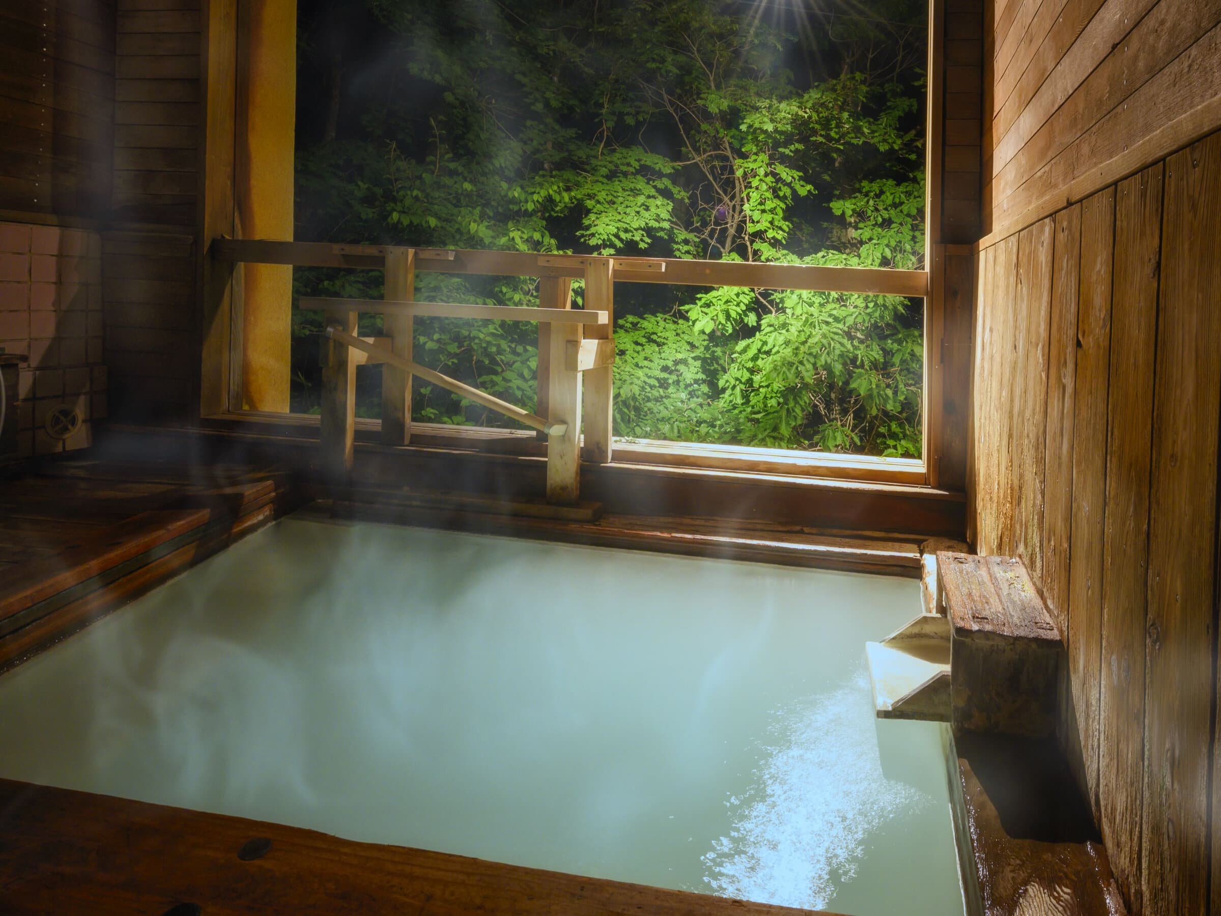 Private wooden hot-spring bath at Hotel Jurin with milky Zao Onsen water, rising steam and a forest view at dusk