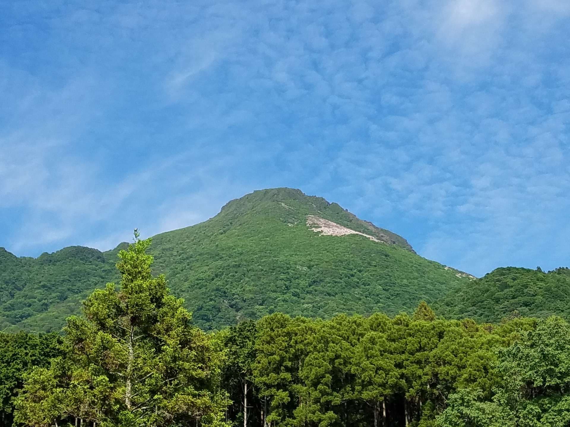 View of forested Mount Yufu under a blue sky seen from Onjuku Yagura in Yufuin Onsen