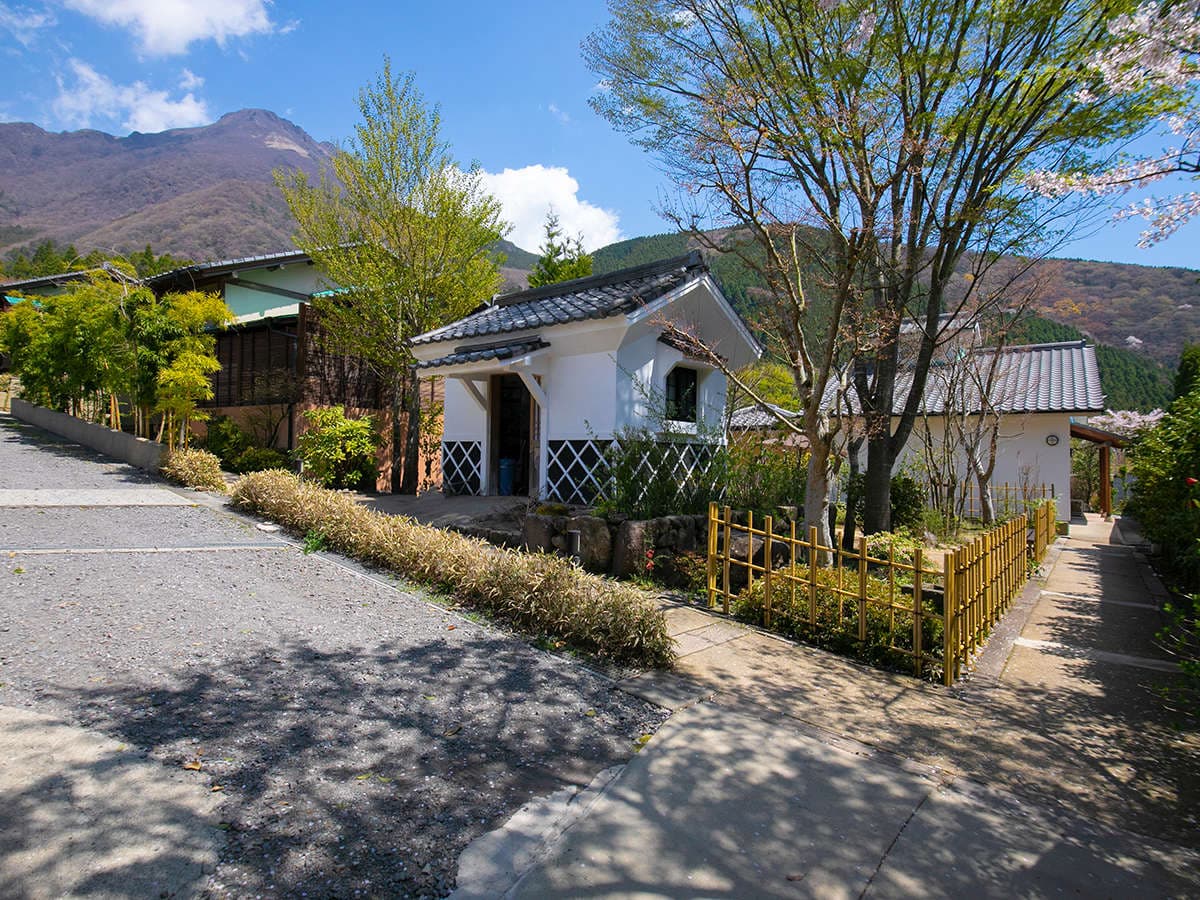 Daytime full view of Oyado Ichizen's low-rise buildings with Mount Yufu rising behind in Yufuin