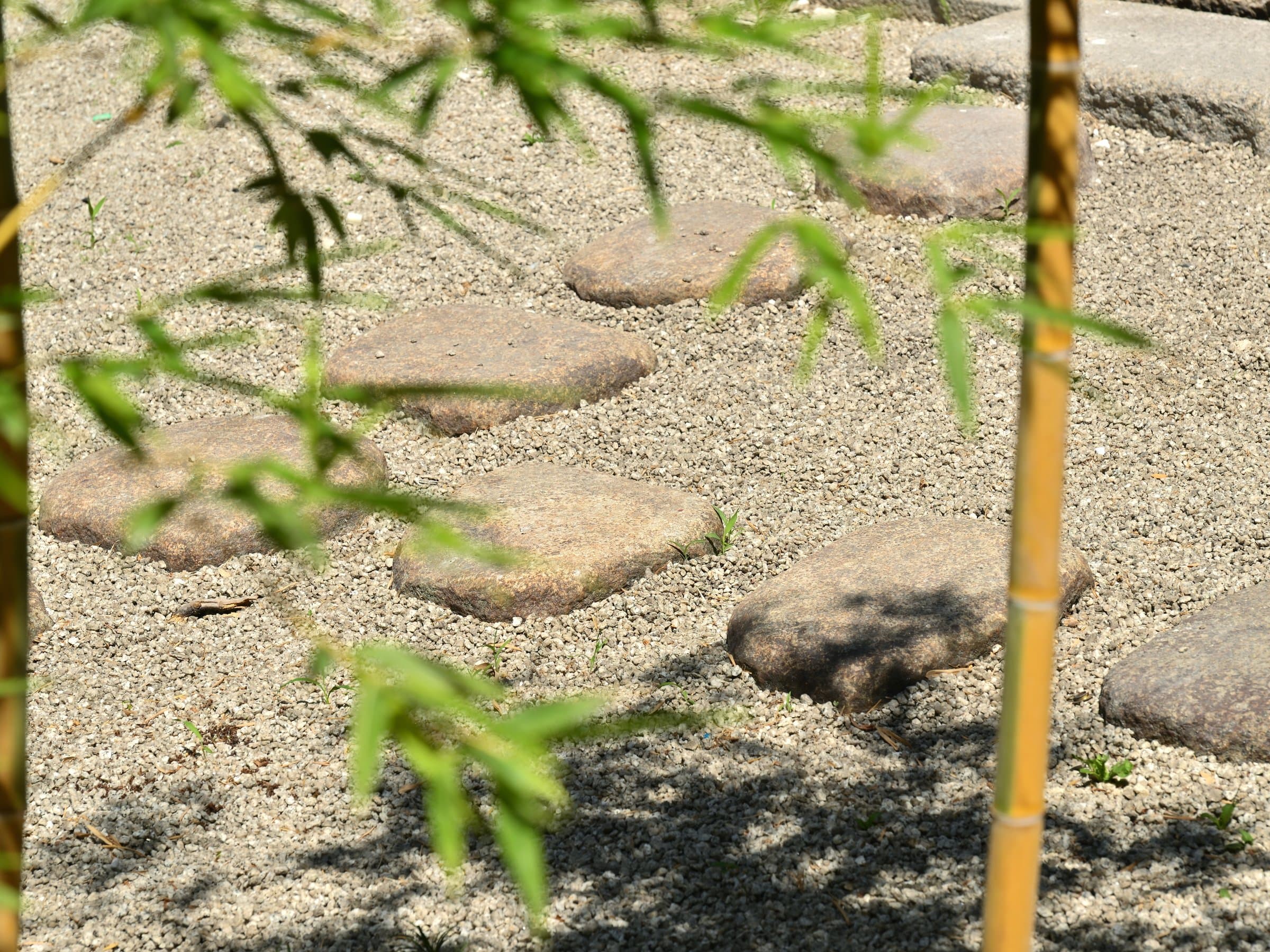 Stepping stones set in raked sand with bamboo in Hamazuru's garden at Wakura Onsen