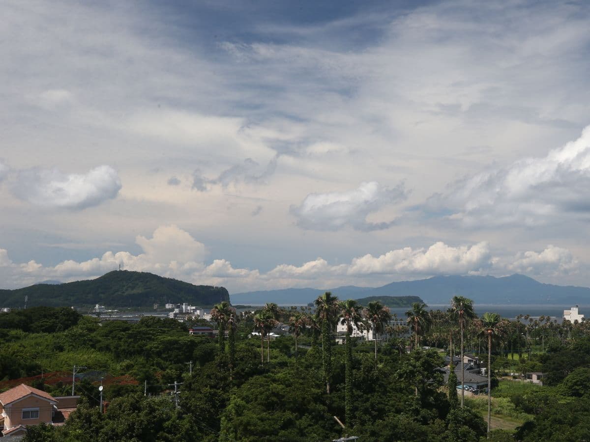 Panoramic Ibusuki coastal view of palm groves, hills and Kinko Bay seen from the hotel
