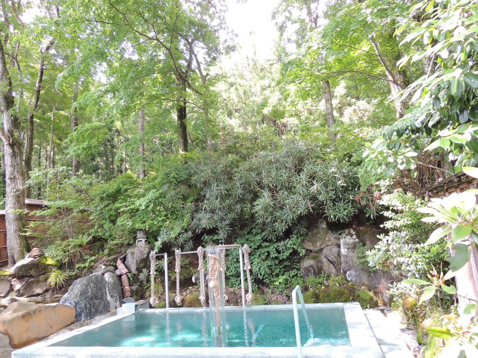 Forest open-air bath with rope-guided standing pool and hot spring inflow