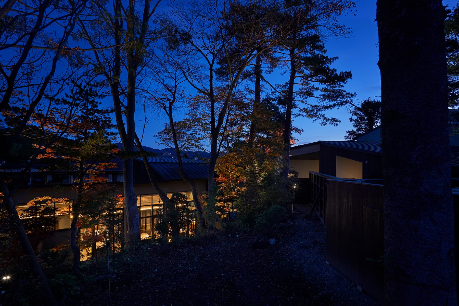 Lantern-lit ryokan building glowing among trees against a deep blue evening sky