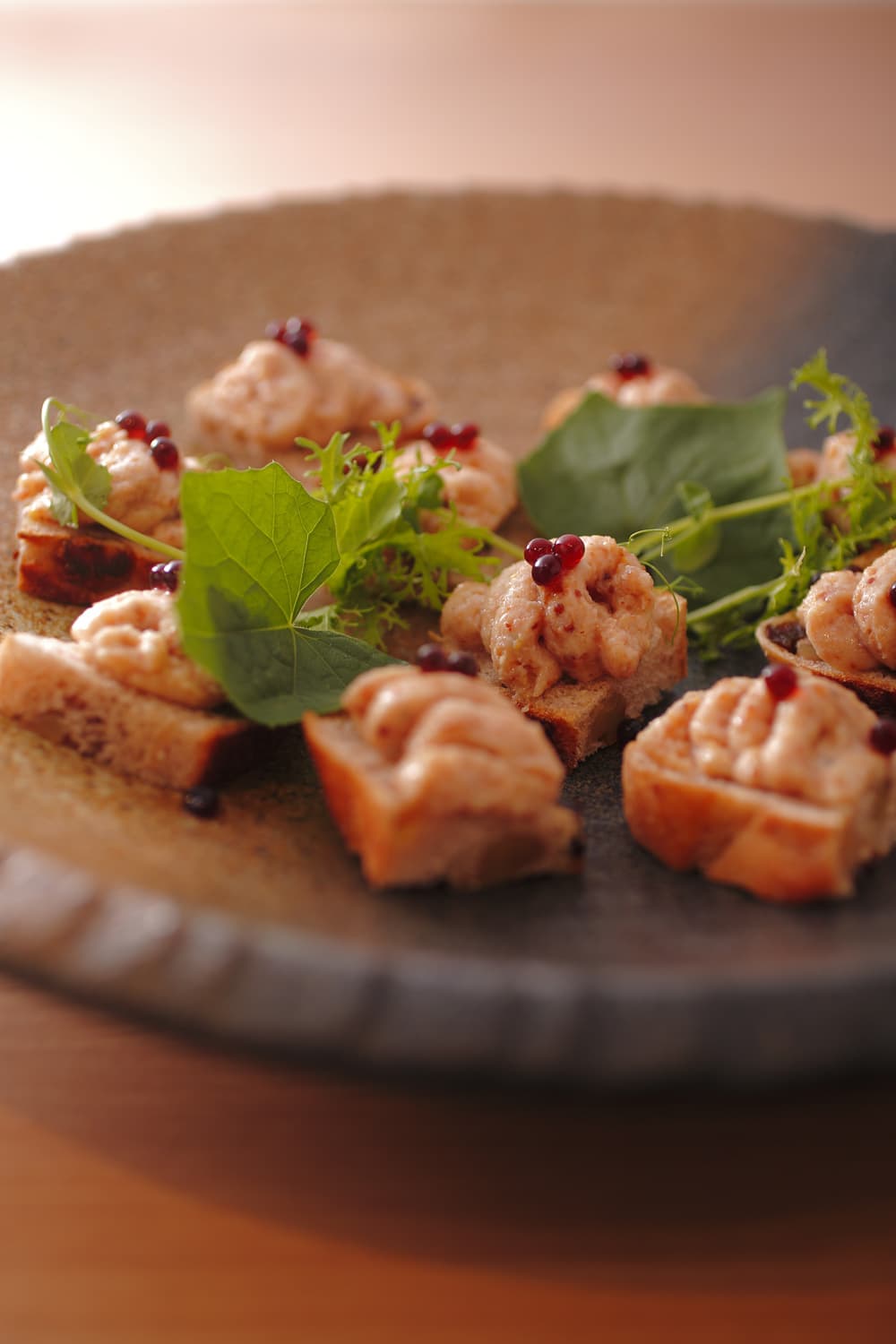 Plated appetizer of local seafood mousse on baguette slices garnished with greens at Hotel Miyajima Villa