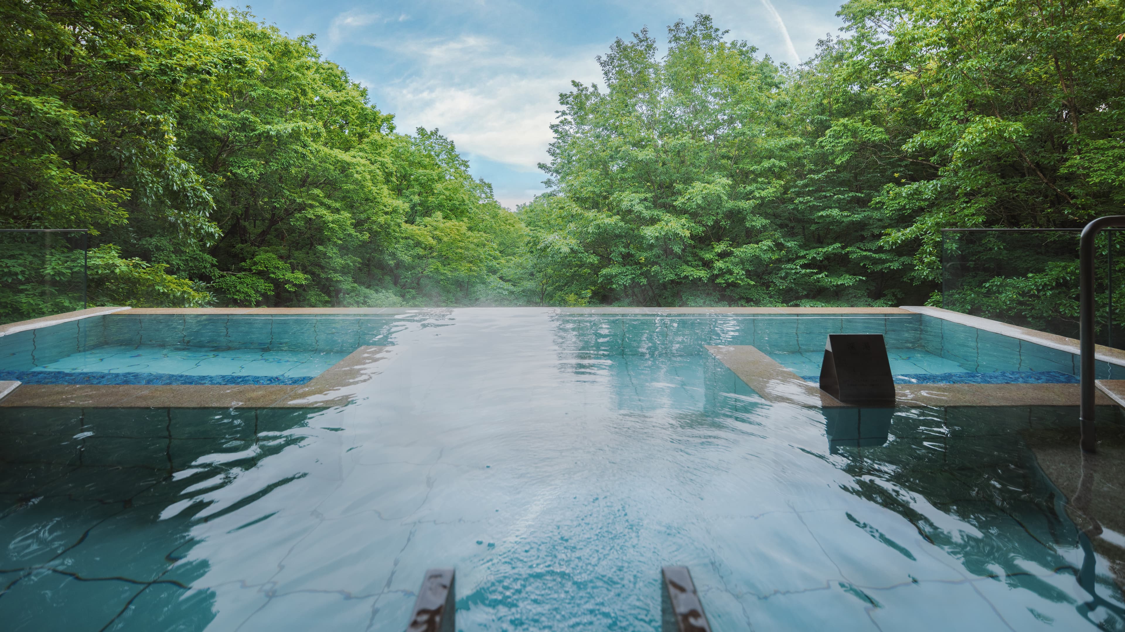Outdoor infinity onsen pool overlooking the Nasu highland forest