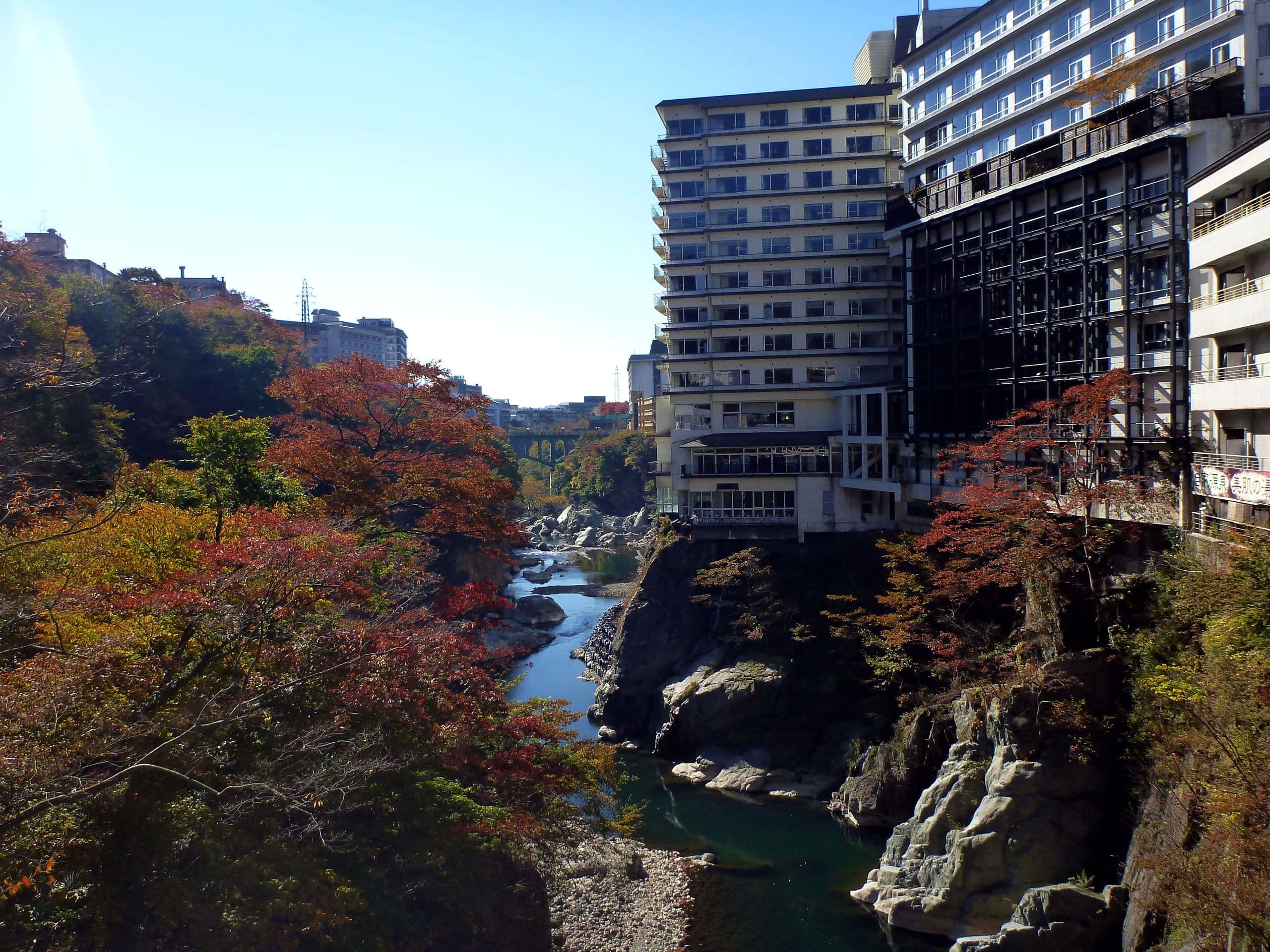 View over the Kinugawa river and onsen town from above the gorge in Nikko, Japan