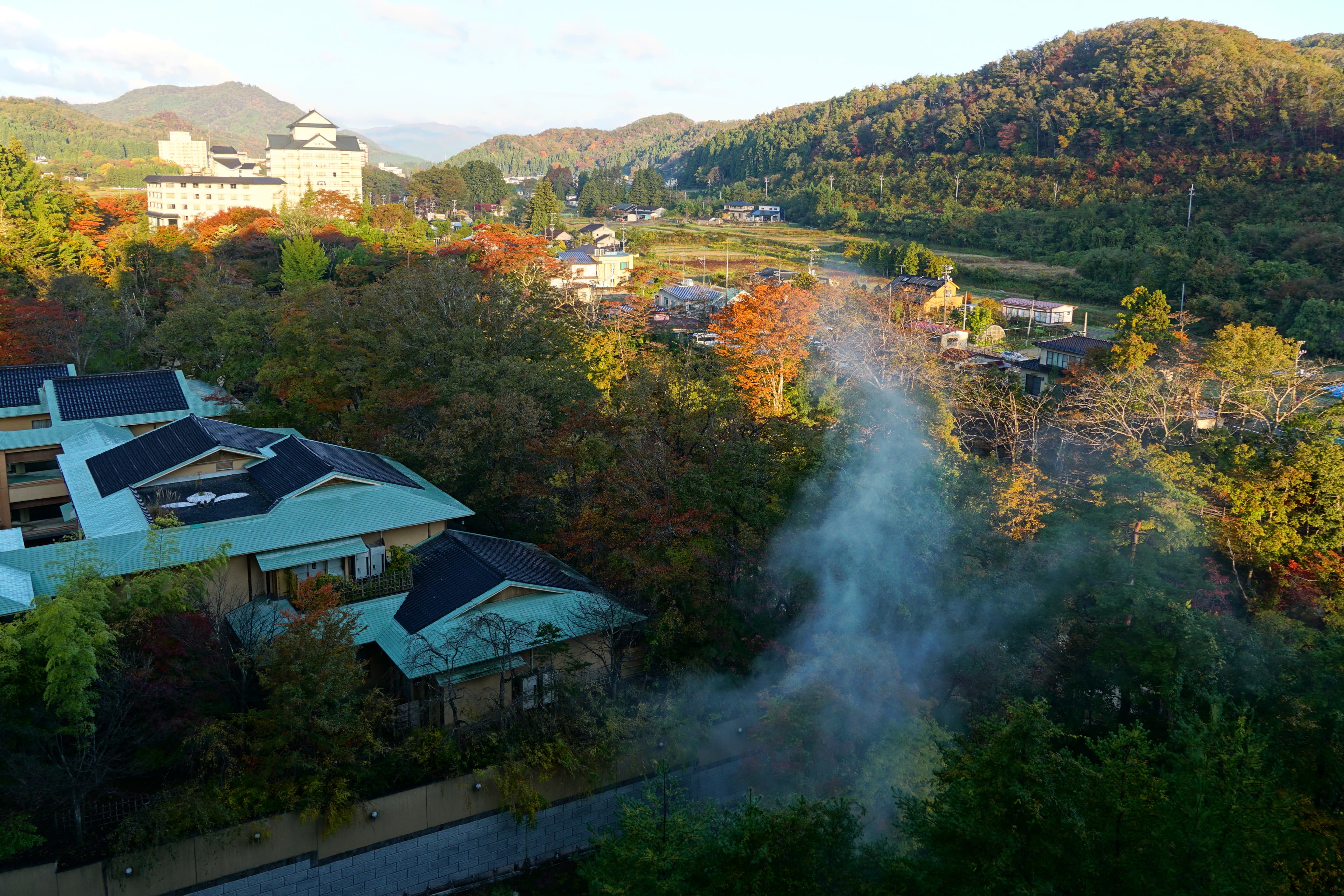 outdoor rotenburo hot spring bath at Akiu Onsen overlooking a cedar-forested valley near Sendai, steam rising in late afternoon light