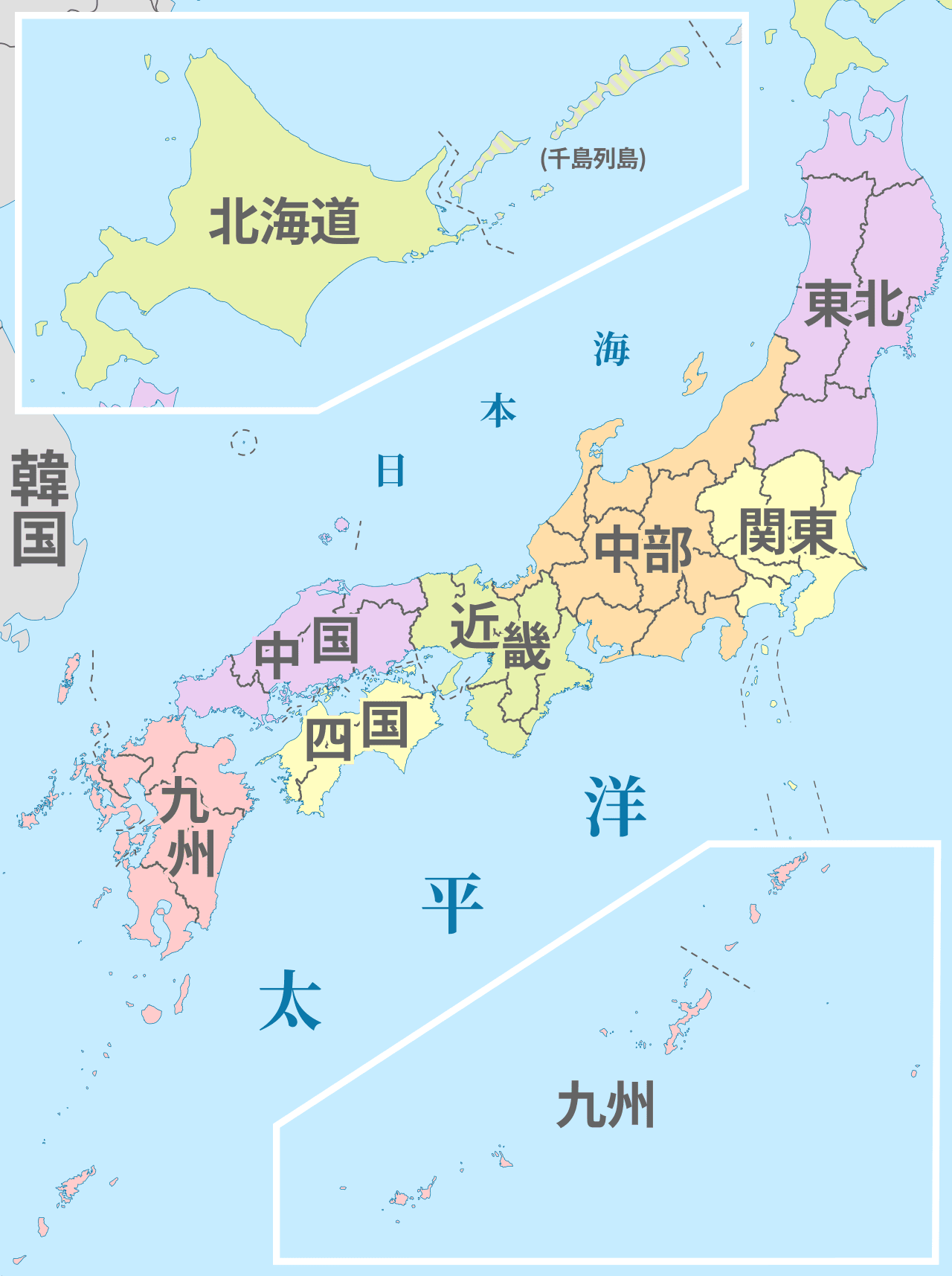 Color-coded regions map of Japan showing Hokkaido, Tohoku, Kanto, Kansai, and Kyushu