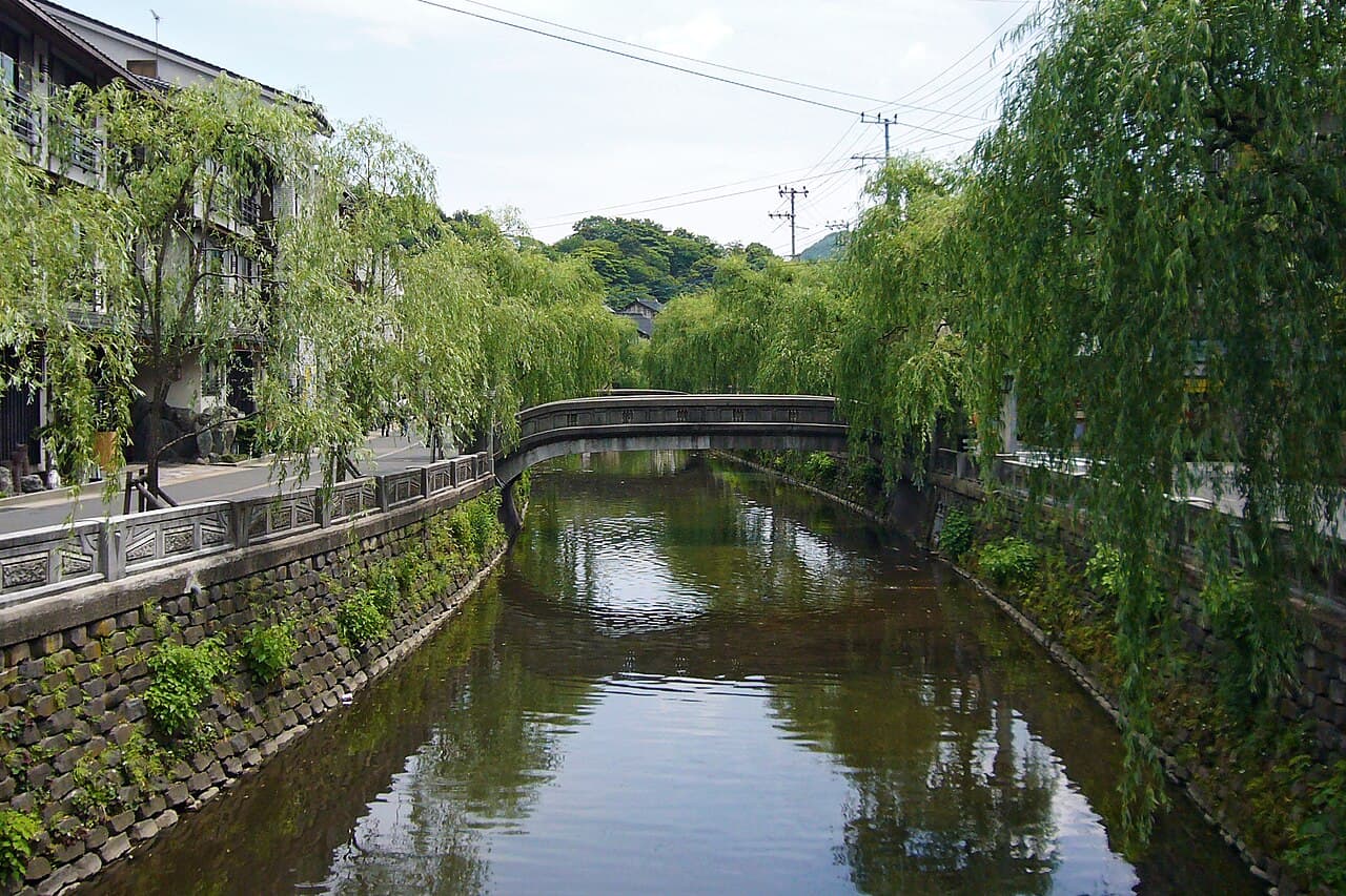 Willow-lined Otani River canal in Kinosaki Onsen with traditional ryokan buildings along the stone banks