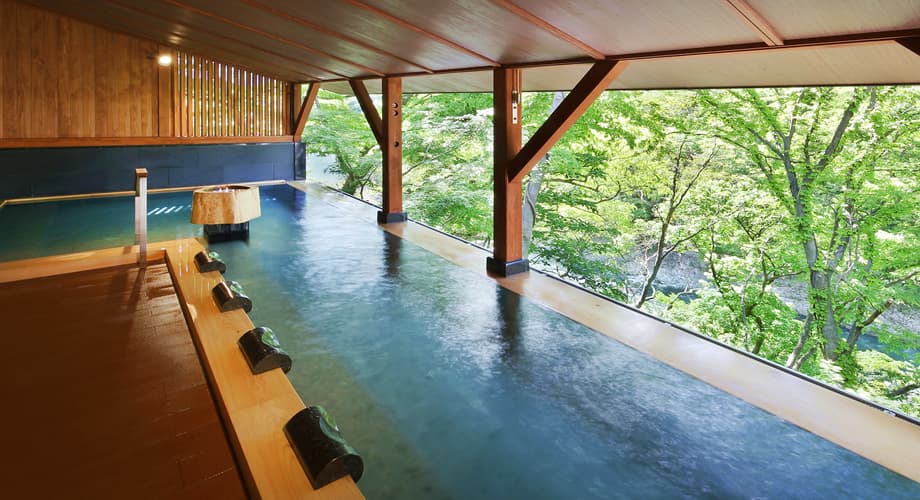 Open-air bath overlooking a lush green valley