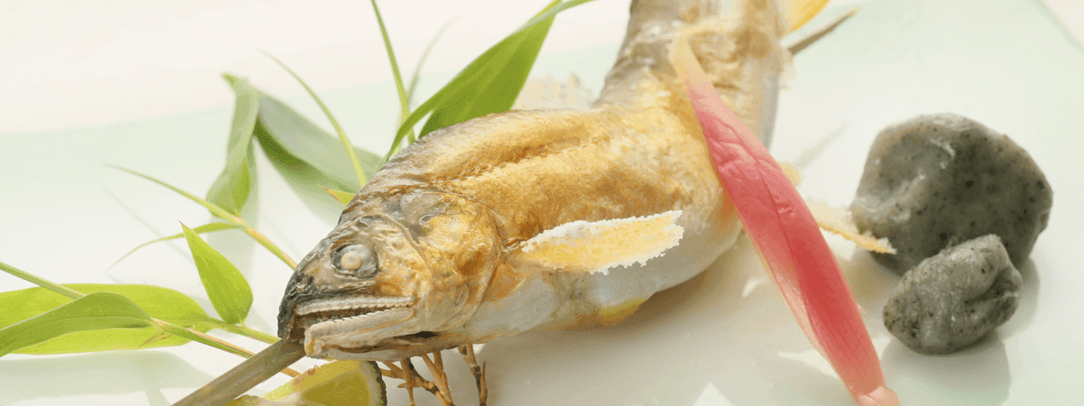 Salt-grilled ayu sweetfish kaiseki course with pickled ginger and miso garnish, Kawakamiya Kasuitei, Gero Onsen