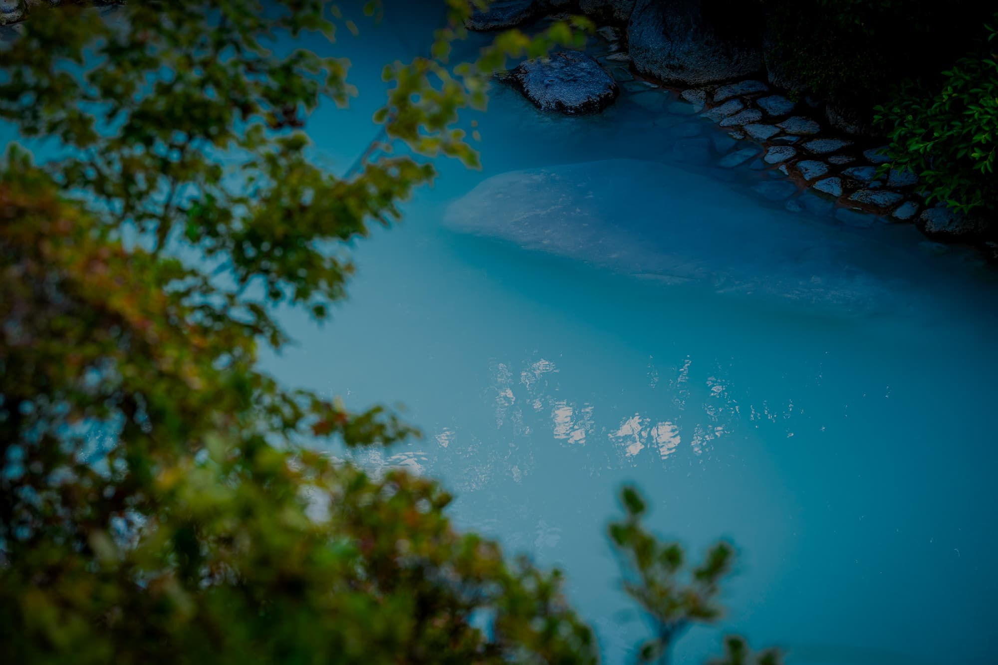 Turquoise sulphur bath framed by overhanging maple foliage and a stone-edged bank, Okamotoya Ryokan, Myoban Onsen, Beppu