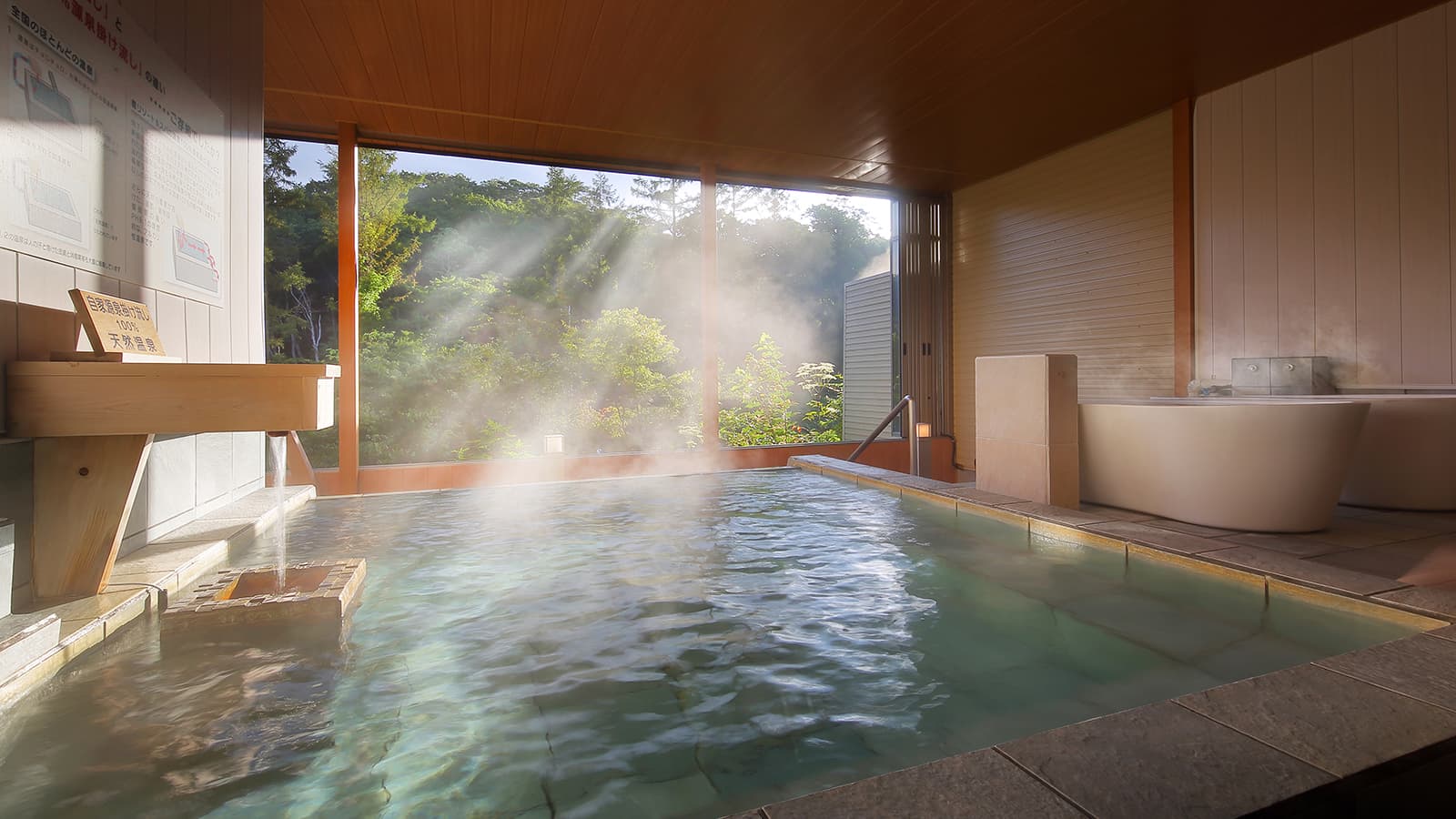 Indoor hot spring bath with rising steam and floor-to-ceiling windows framing a green forest at Ryu Resort and Spa
